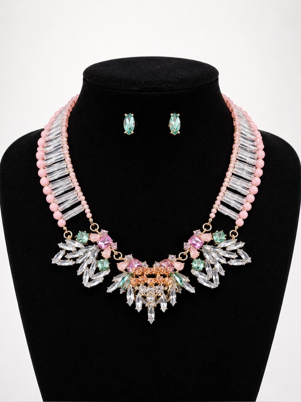 Pink & Clear Crystal Bead Flower Motif‎ Necklace